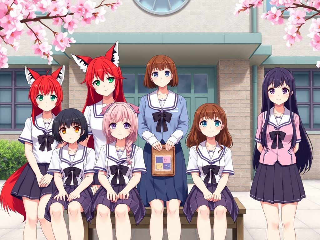 Hyper Realistic Anime Class Picture with Cherry Blossoms