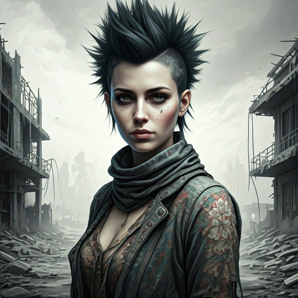 Post-Apocalyptic Punk Road Warrior Woman in a Desolate Waste...