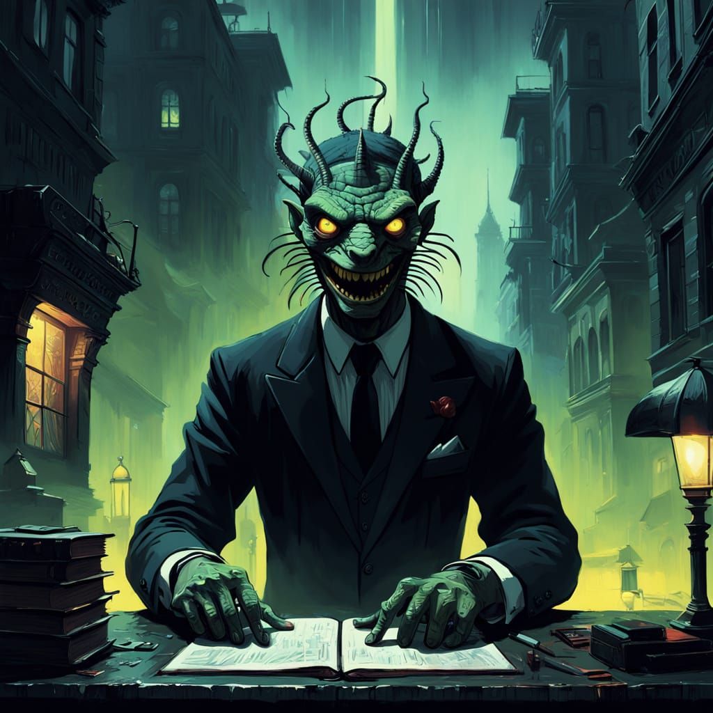 Sleek Reptilian Figure Surveys Lonely, Misty Landscape