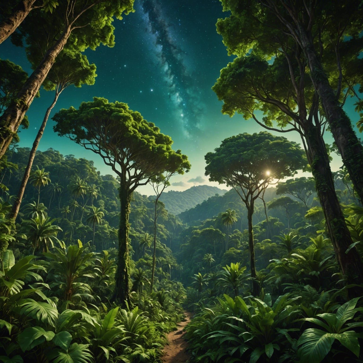 Lush Jungle Scene Under Starry Sky