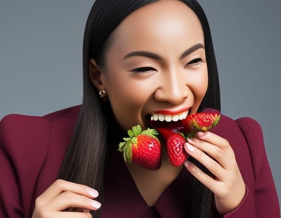 Mouth Biting a Strawberry: Realistic Close-Up
