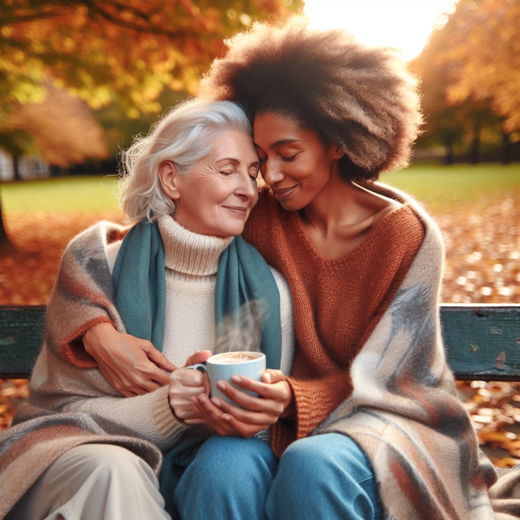 A tender moment between an age gap lesbian couple sitting on a park bench in the fall, wrapped in a cozy blanket, sharin...