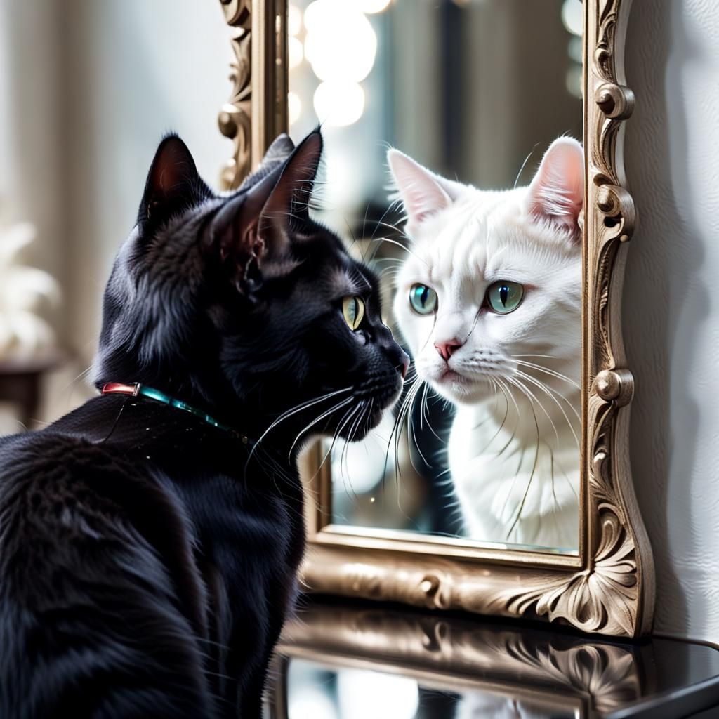 Black Cat Mirror Reflection Reveals White Cat