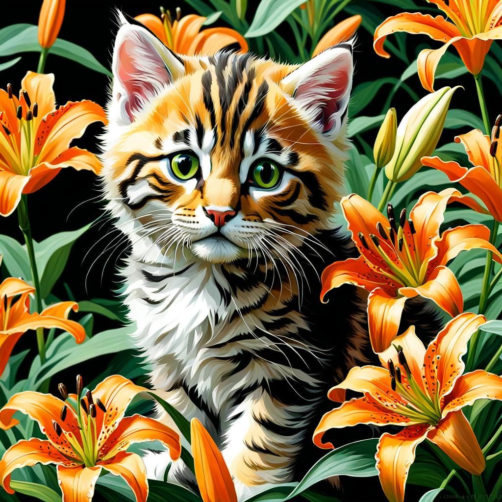 Kitten Among Lilies in Pre-Raphaelite Style