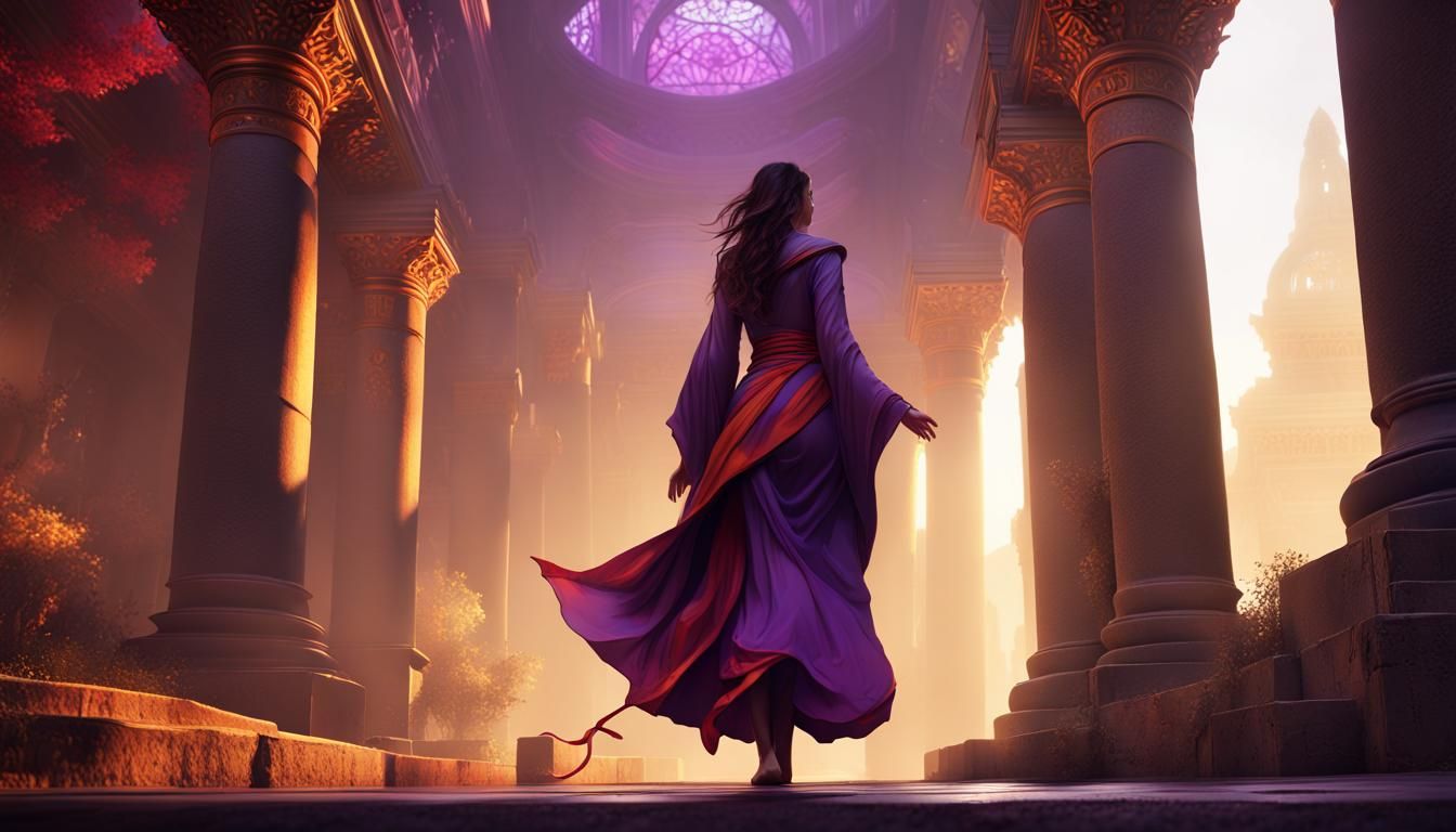 Fantasy Woman in Red Robes Near Ancient Temple