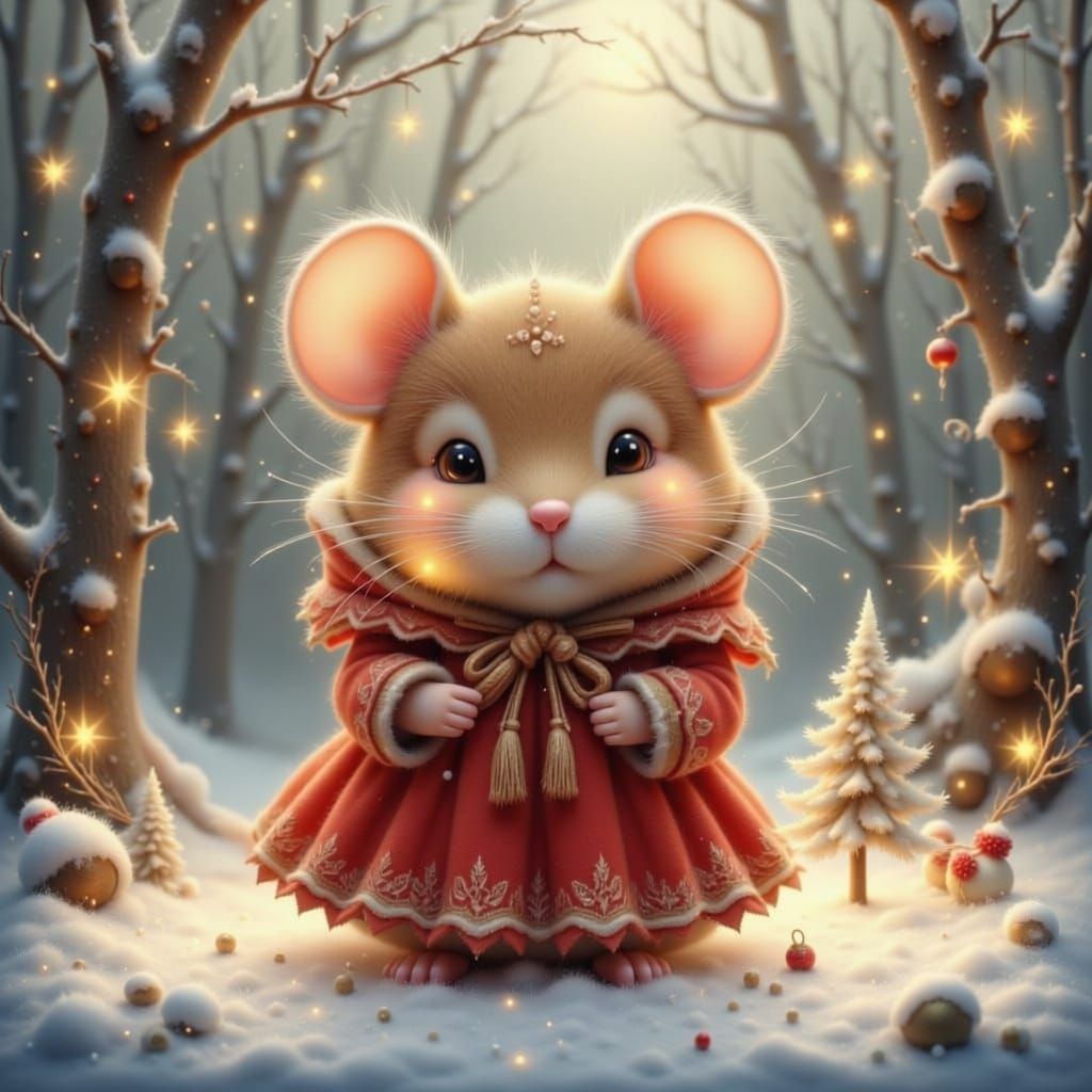 Cute Mouse in Vintage Dress with Gift in Snowy Forest