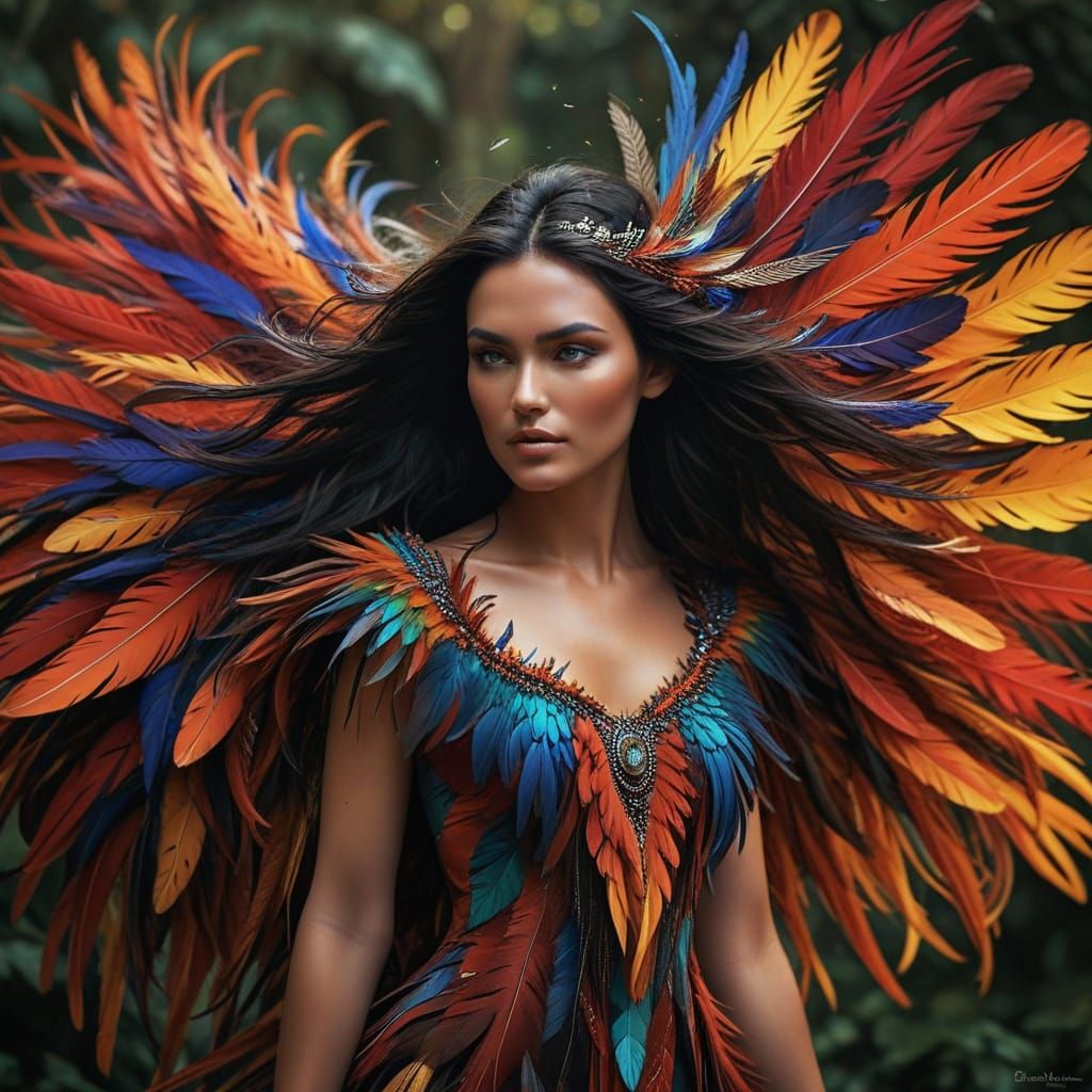 Surreal Goddess Adorned with Vibrant Feathers in a Tapestry ...