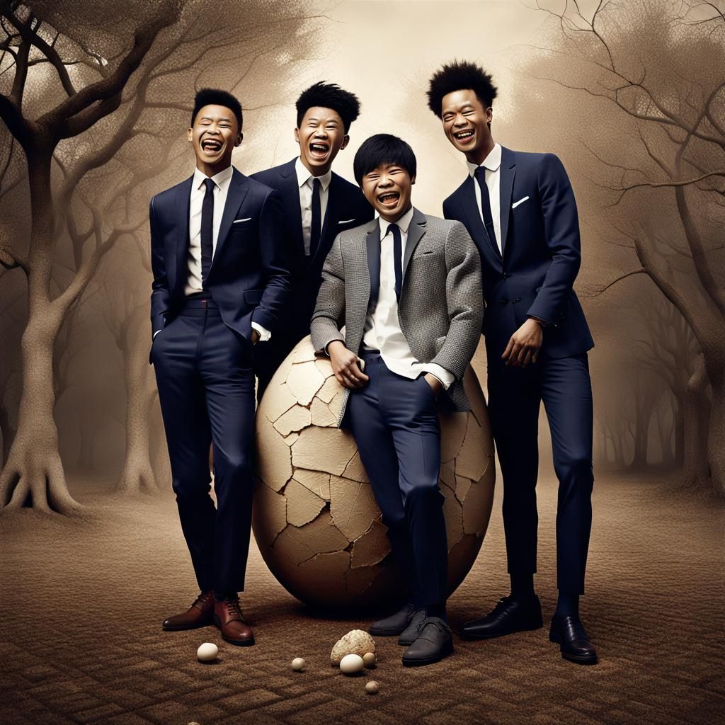 Surreal Photo of Men Leaning on Cracked Egg
