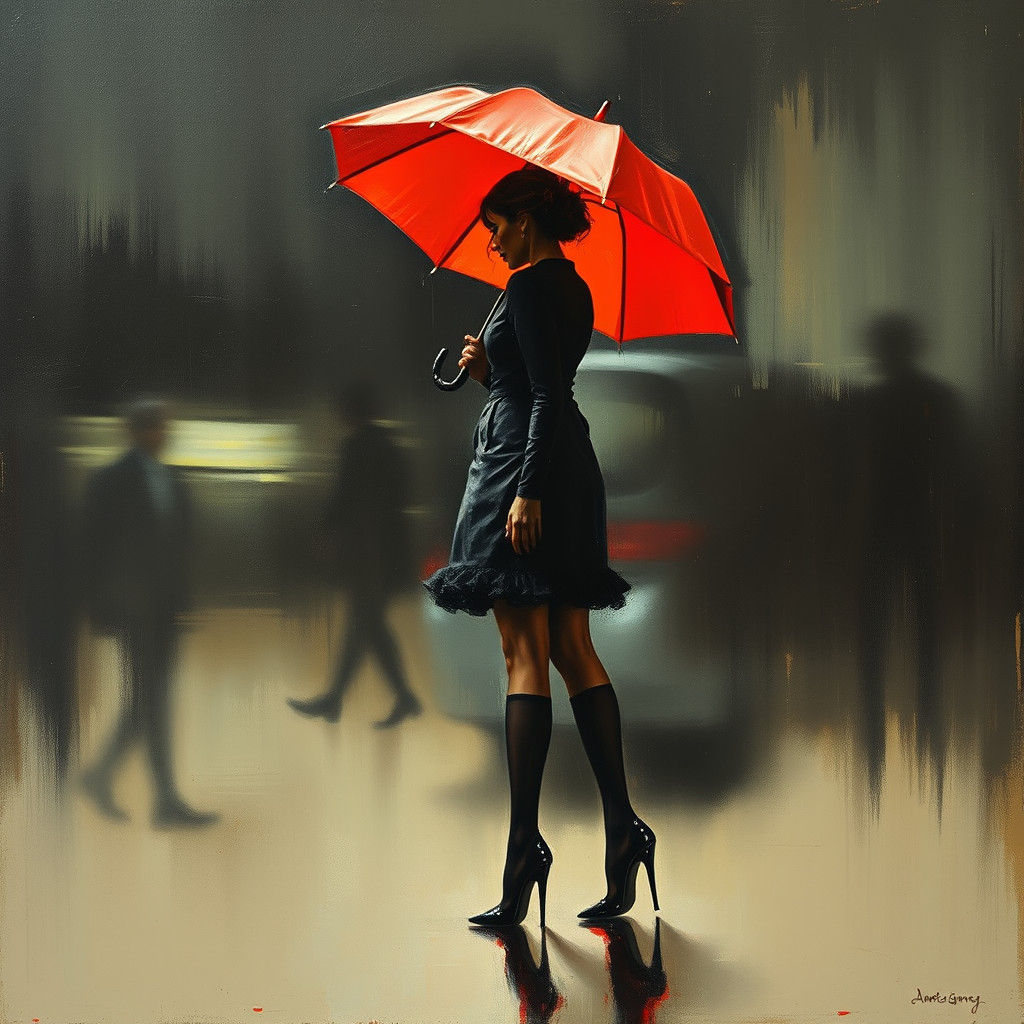 Abstract Red Umbrella and Blurred Figure in Grunge Style