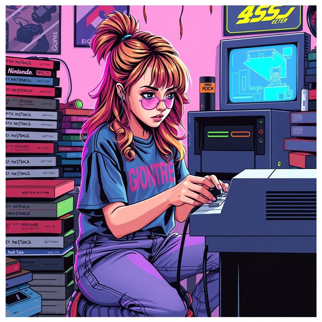 Teenage Gamer Girl in 80s Pixel Art Style