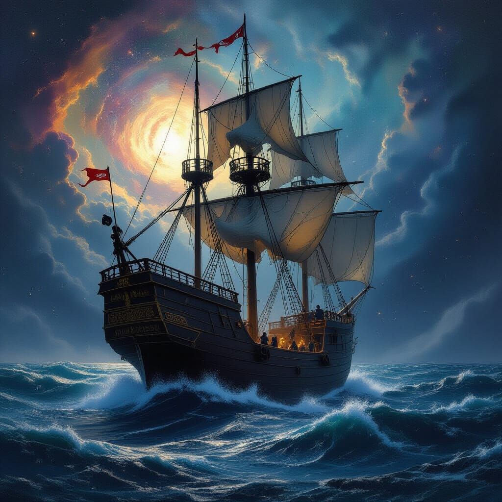 Galleon in Starry Sea: Dark Fantasy Art Nouveau