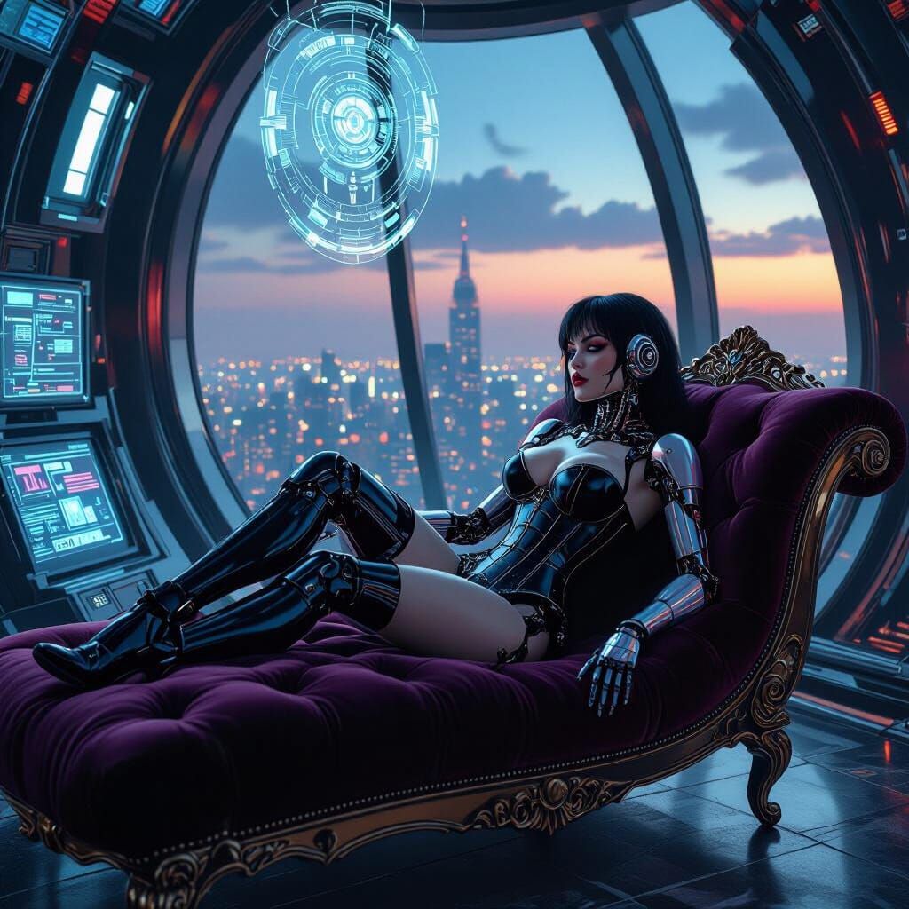 Gothic Cyborg Pinup in Futuristic Penthouse as Digital Art