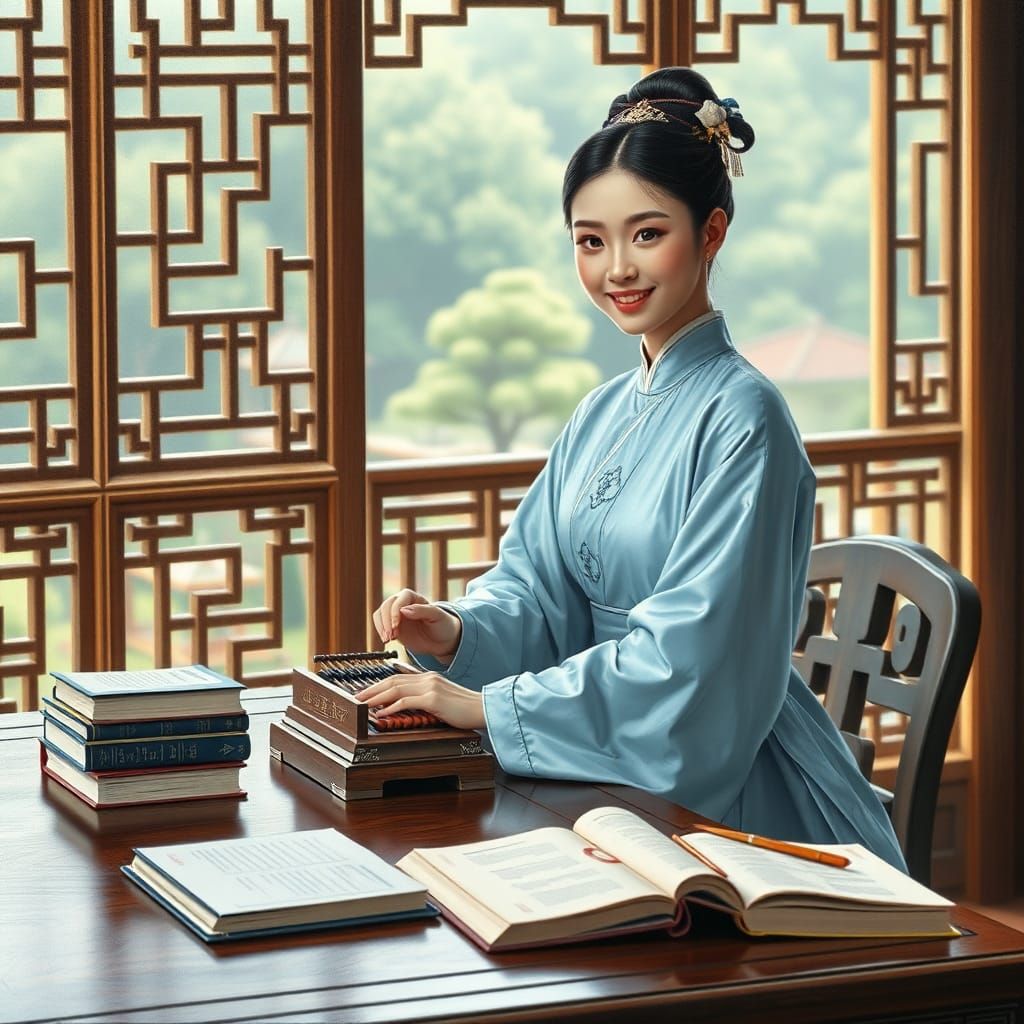 Chinese Girl with Abacus in Traditional Library