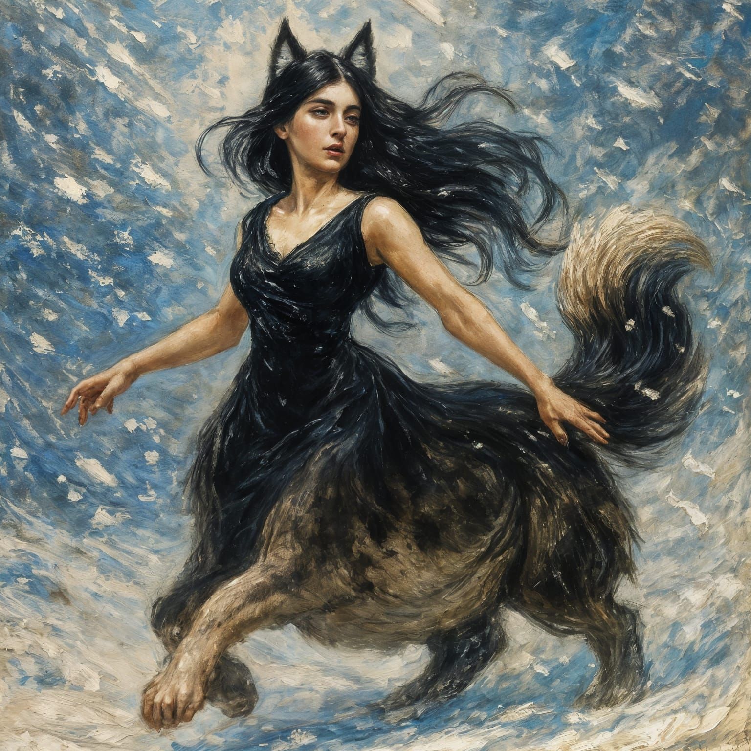 Wolf Centaur in Snowy Landscape, Painted Art Style