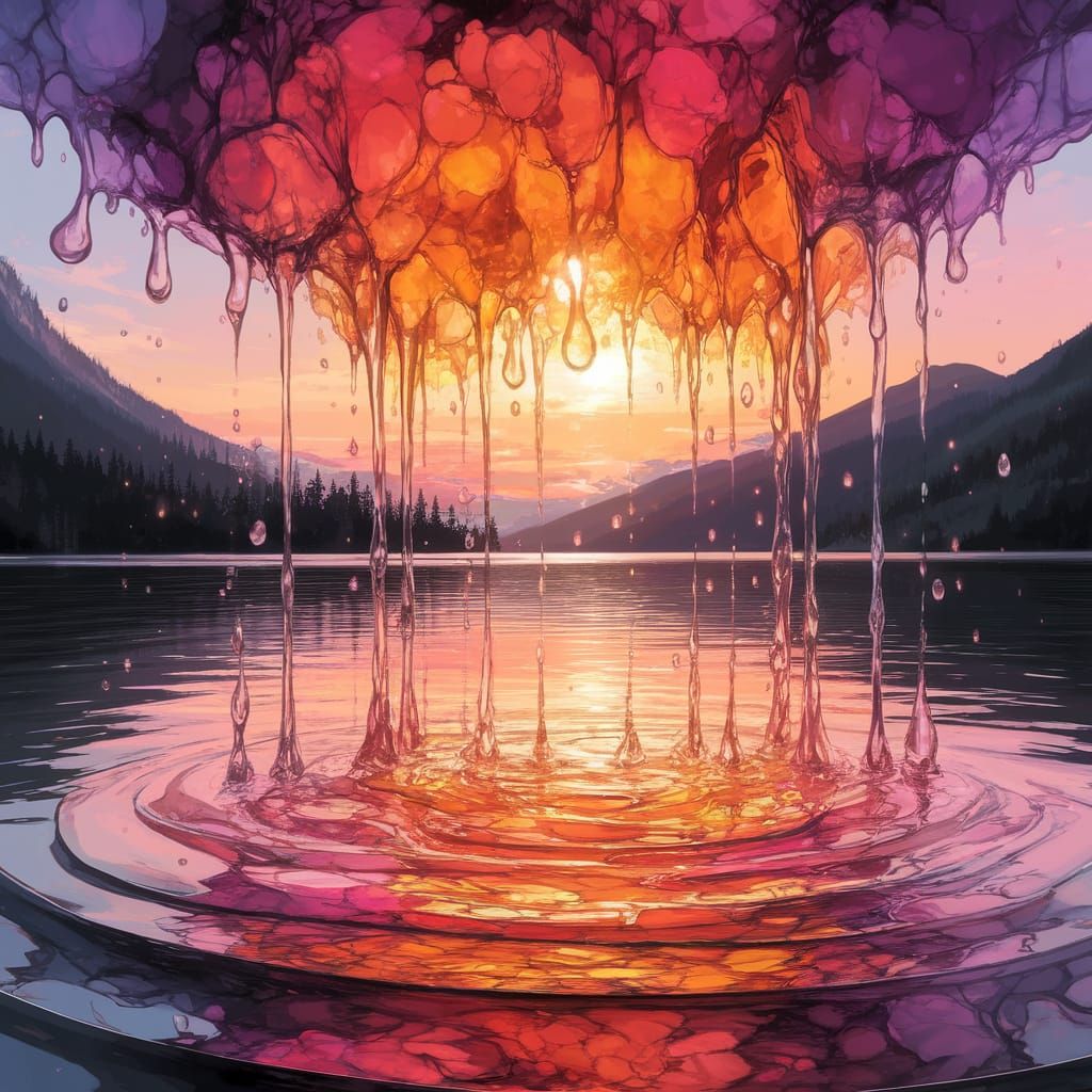Surreal Sunrise in Vibrant Colors, as Alcohol Ink Digital Ar...