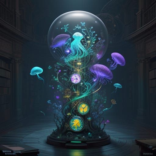 Sentient Jellyfish in Cosmic Library, Steampunk Style