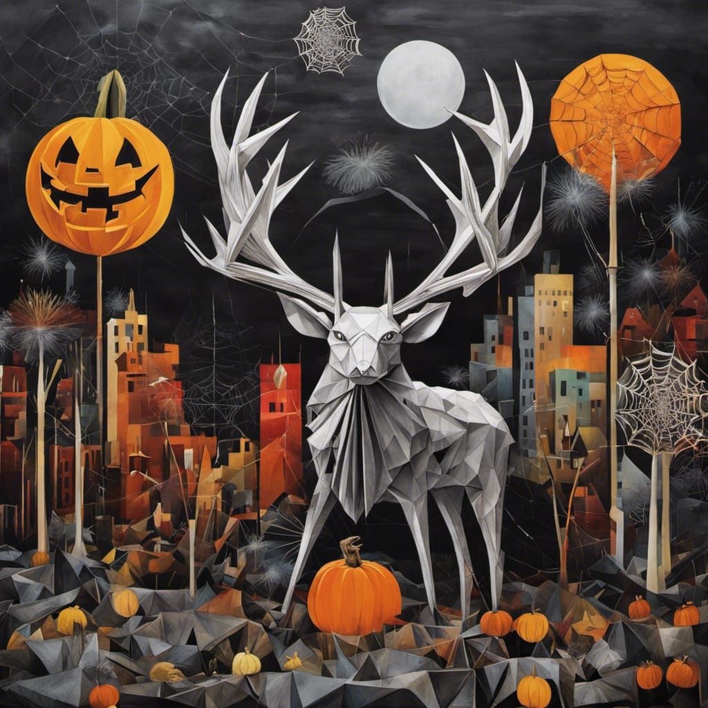 Halloween,Giant origami Black jack o lantern spiders, spider kaiju creature with antlers, black jackalope horns, spider...