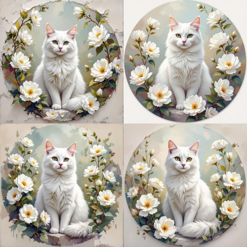 White Cat Portrait Among Flowers in Watercolor Style