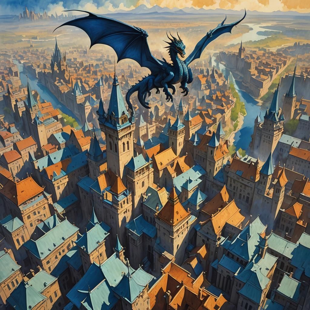Dragon Soaring Over Mystical Metropolis: Gouache Impressioni...