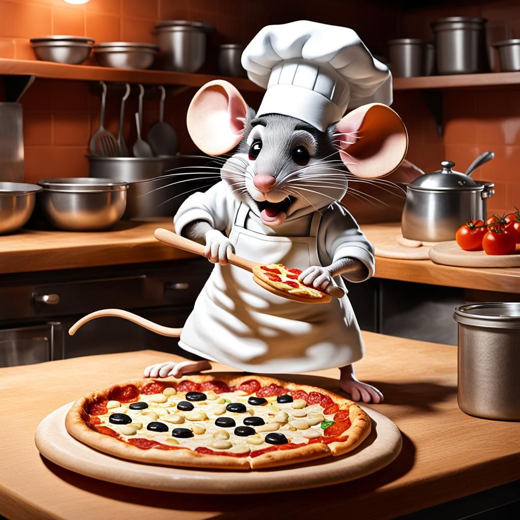 Mouse Chef Creates Pizza in Busy Parlor