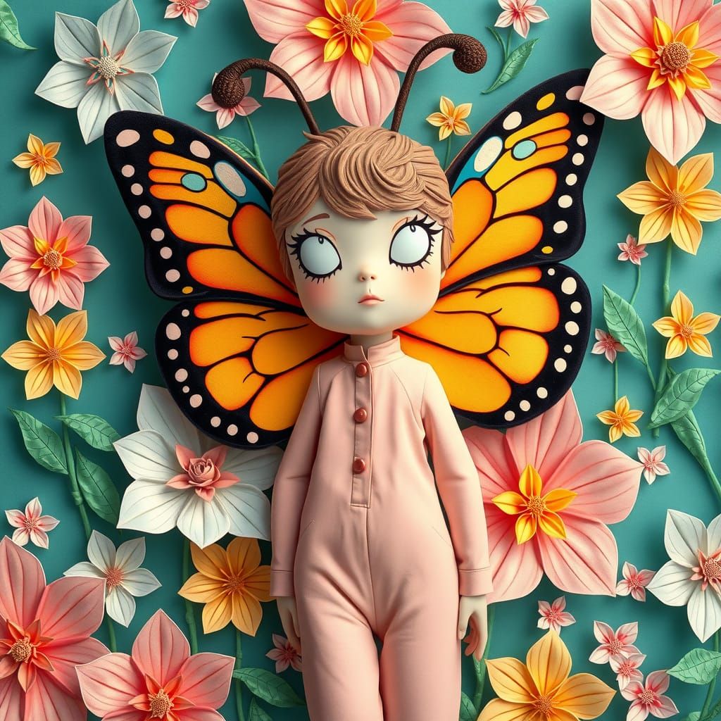 Confused Butterfly in Surreal Origami Garden