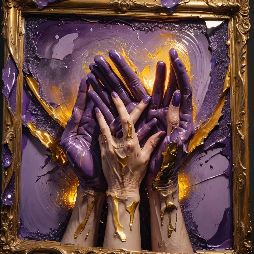 Hands Emerge from Shattered Frame in Surreal Oil Painting