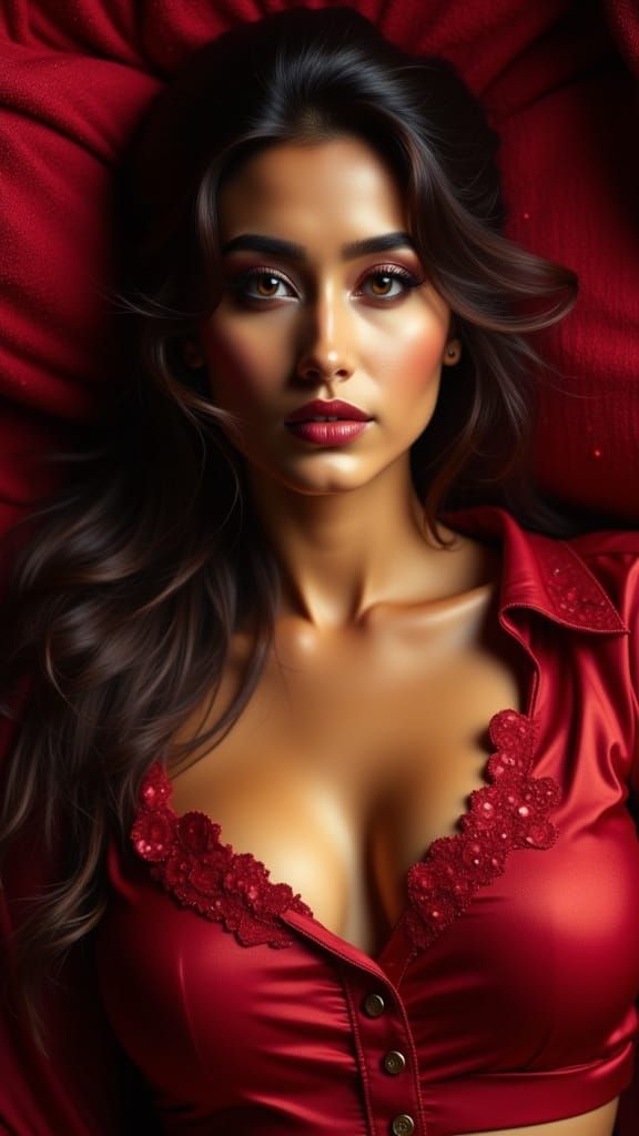 Indian Woman With Dark Hair and Red Shirt in Golden Hour Glo...