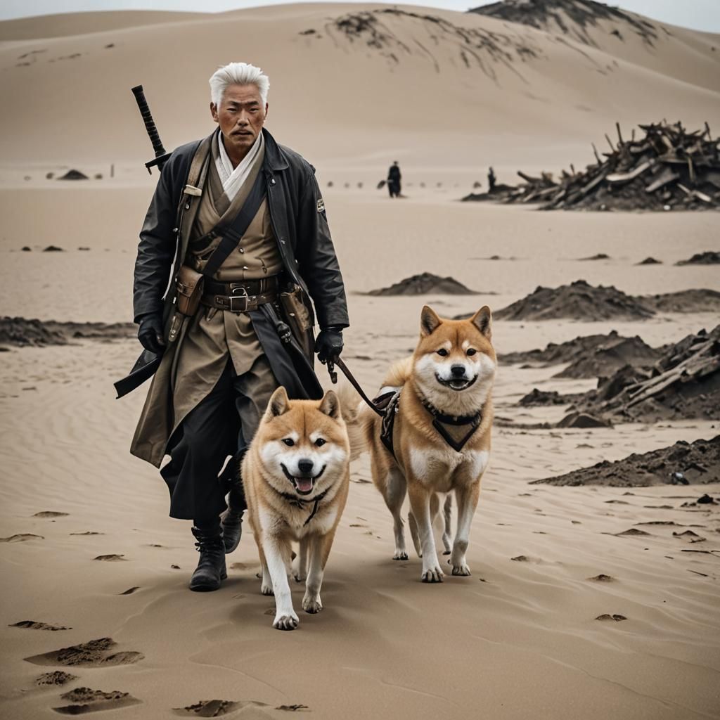 Wasteland Swordsman and Shiba Inu in Dieselpunk Style