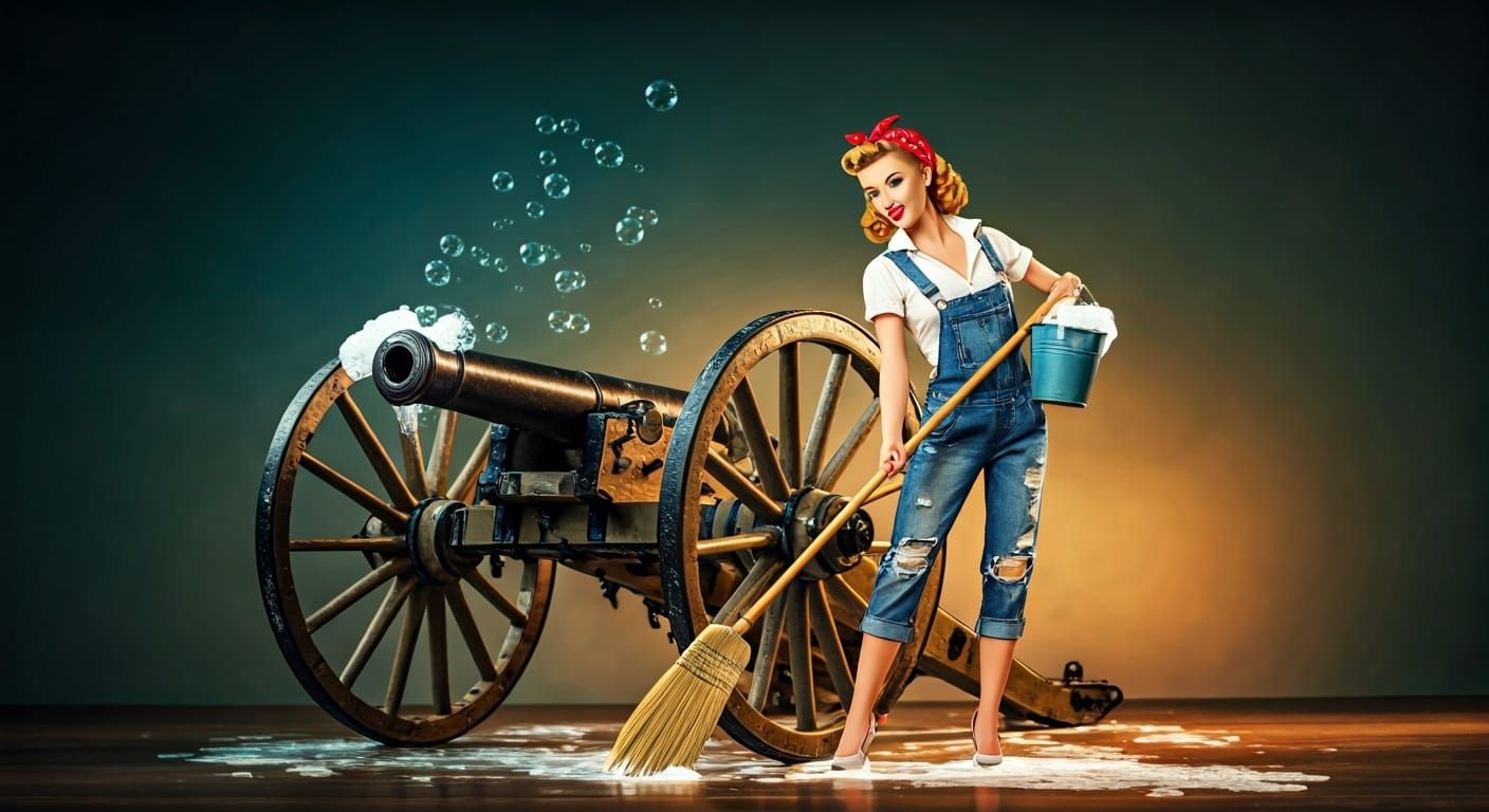 Pin-Up Girl Cleans Vintage Cannon with Soap Bubbles