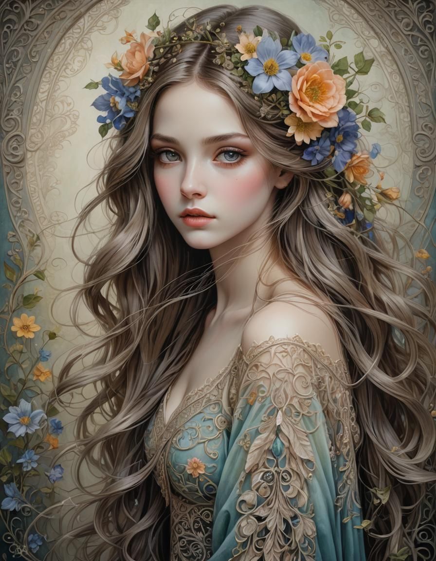 Ethereal Beauty with Expressive Eyes and Floral Details