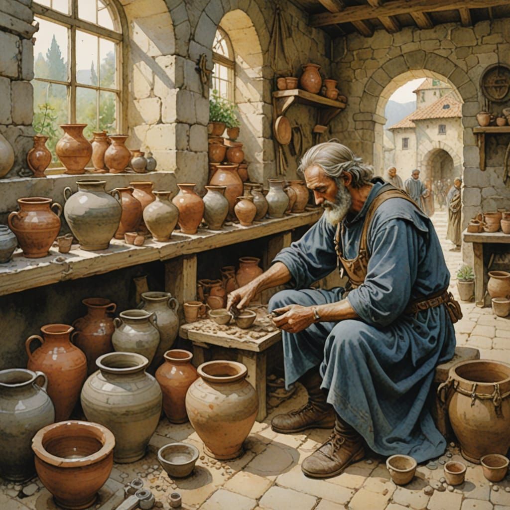 Ancient Roman Slavic Potter in Traditional European Ink Pain...