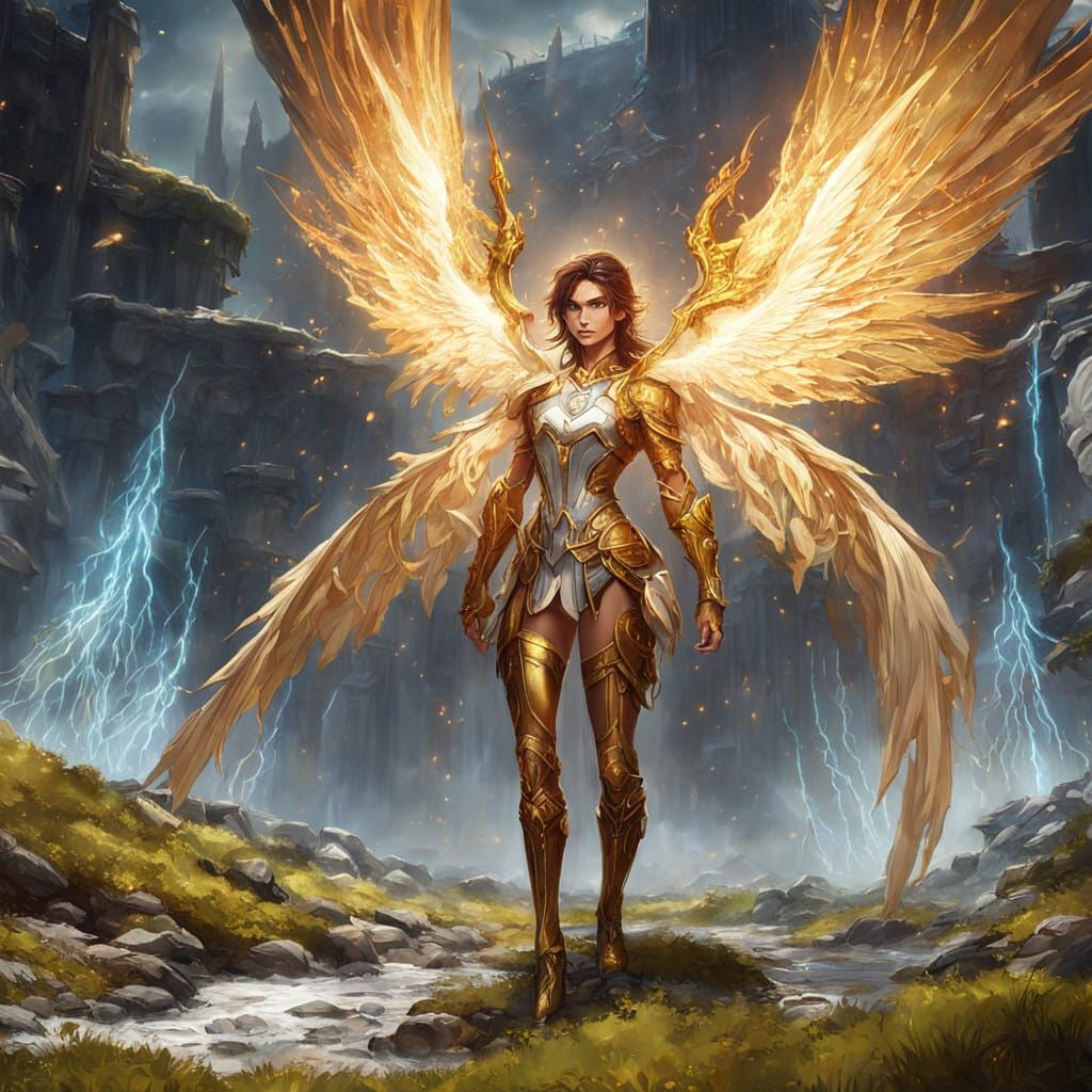 Valkyrie Goddess Radiates Golden Light Amidst Celestial Comb...