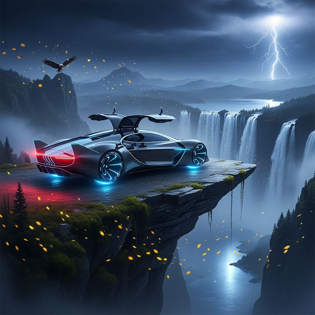 Futuristic Car Overlooking Waterfalls at Night