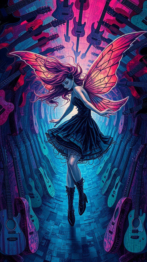 Ethereal Gothic Fairy in Kaleidoscopic Guitar Dreamscape