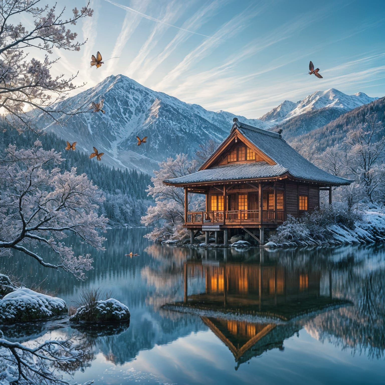 Japanese-Style Chalet on a Lake with Koi Fish and Cherry Blo...