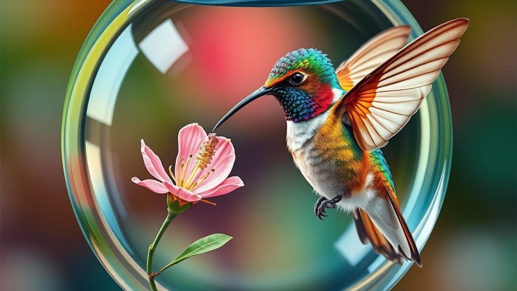 Hummingbird in Glass Orb: Hyperrealistic Whimsical Fantasy