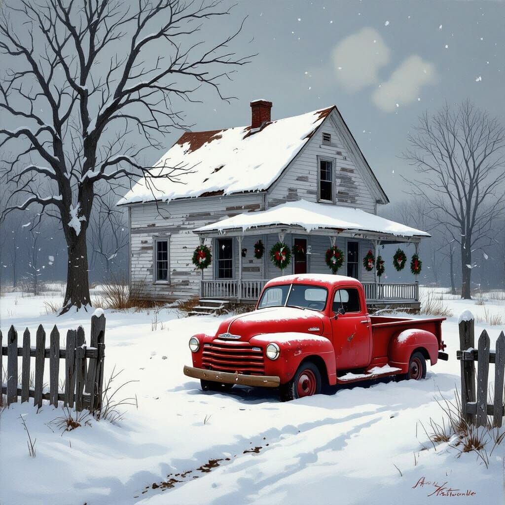 Weathered Farmhouse in Snow with Abandoned Ford Truck