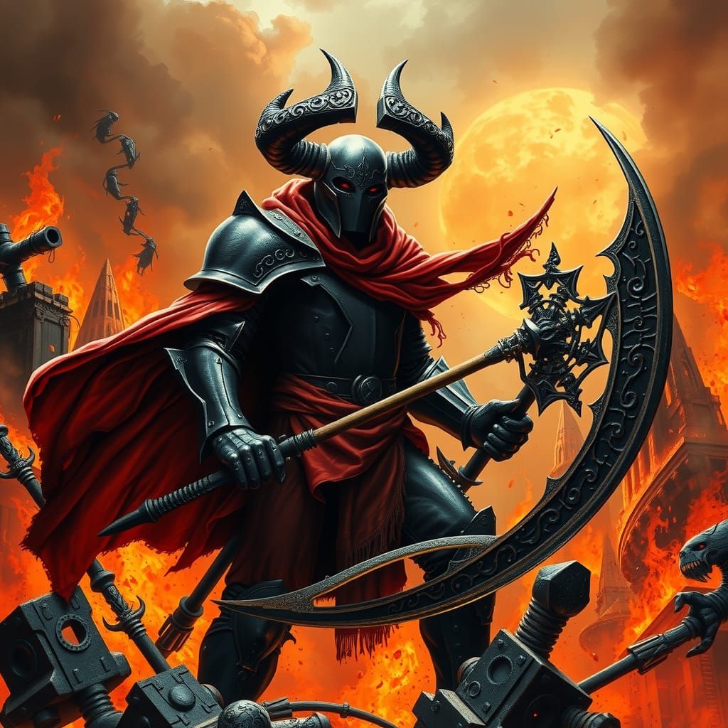 Armored Demon Hunter in Apocalyptic Landscape