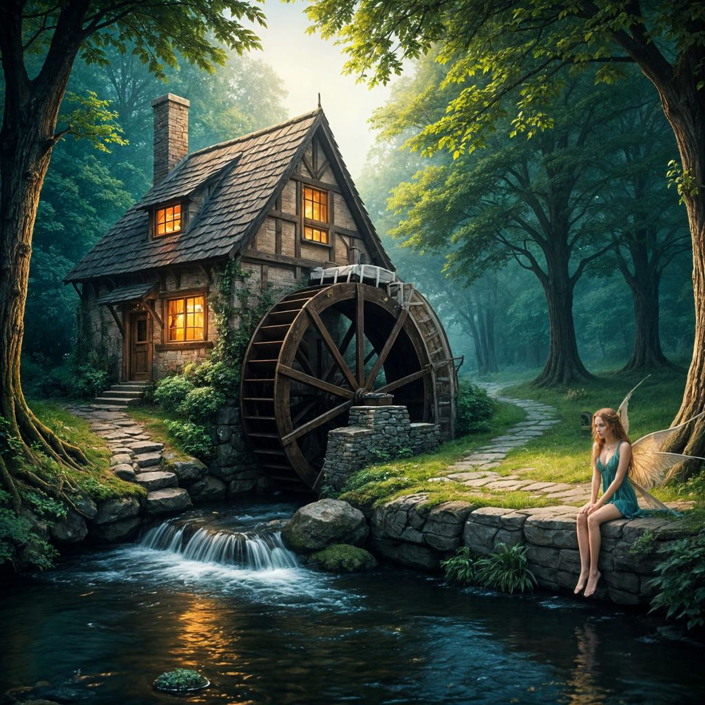 Fantasy Cottage Waterwheel Scene