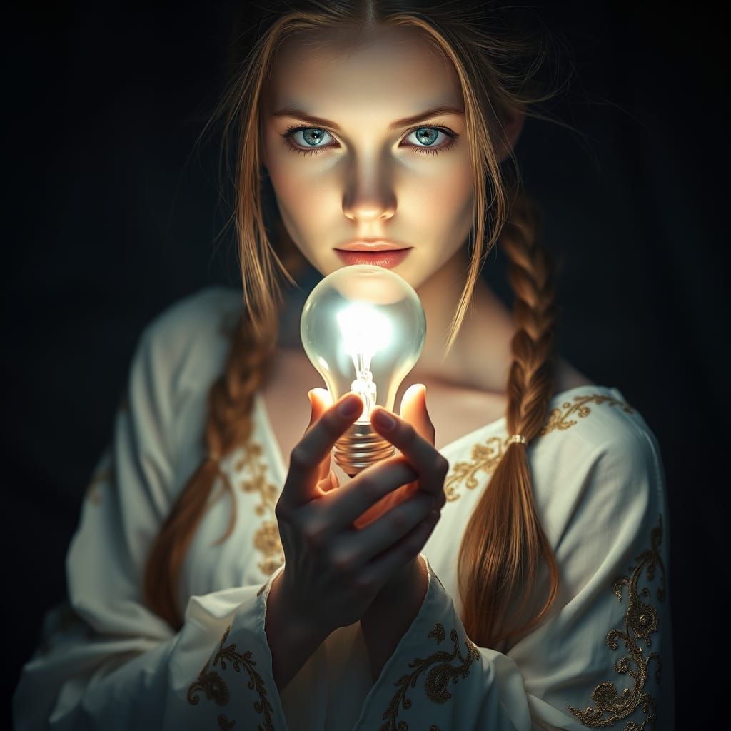 Enchanted Young Woman Holds Glowing Treasure in Soft Focus
