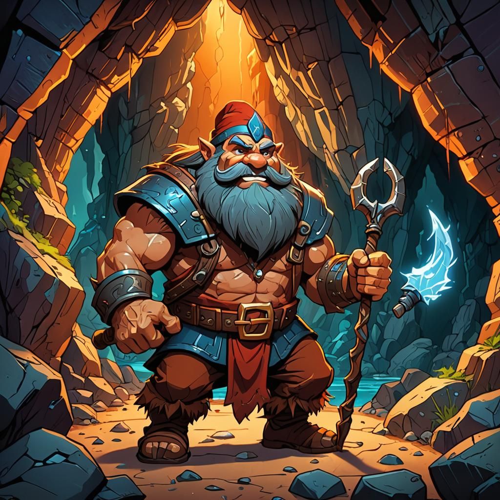 Cartoon Dwarf Miner in a Glowing Cave