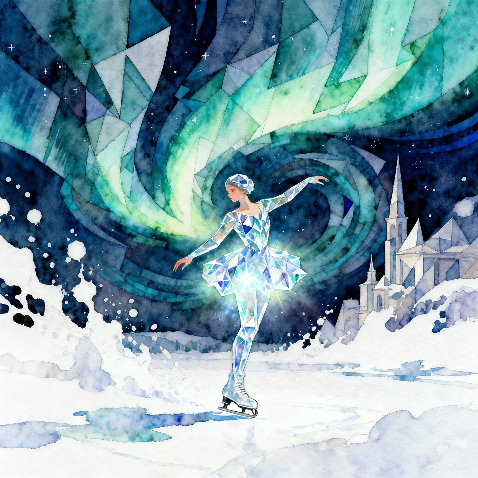 Crystalline Ice Skater Under Northern Lights