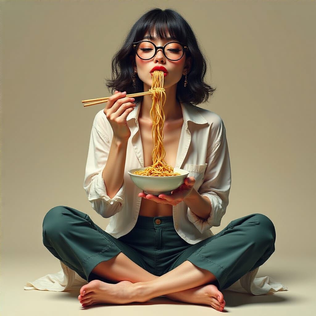 Japanese Woman Indulges in Noodles with Defiant Pride