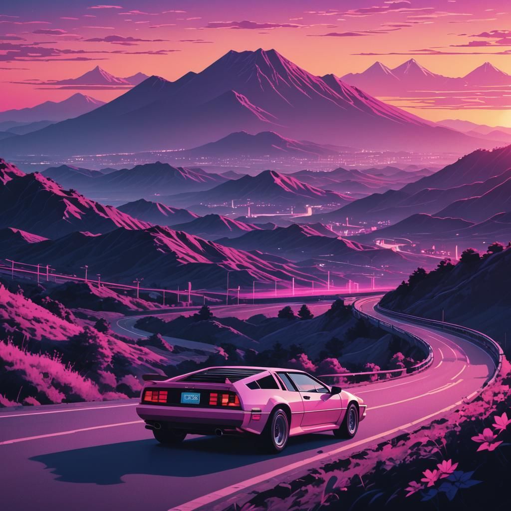 Vaporwave Lotus Esprit Turbo on Winding Road