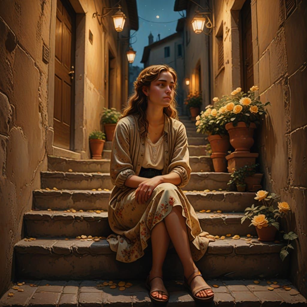 Italian Renaissance Girl on Steps in Alley