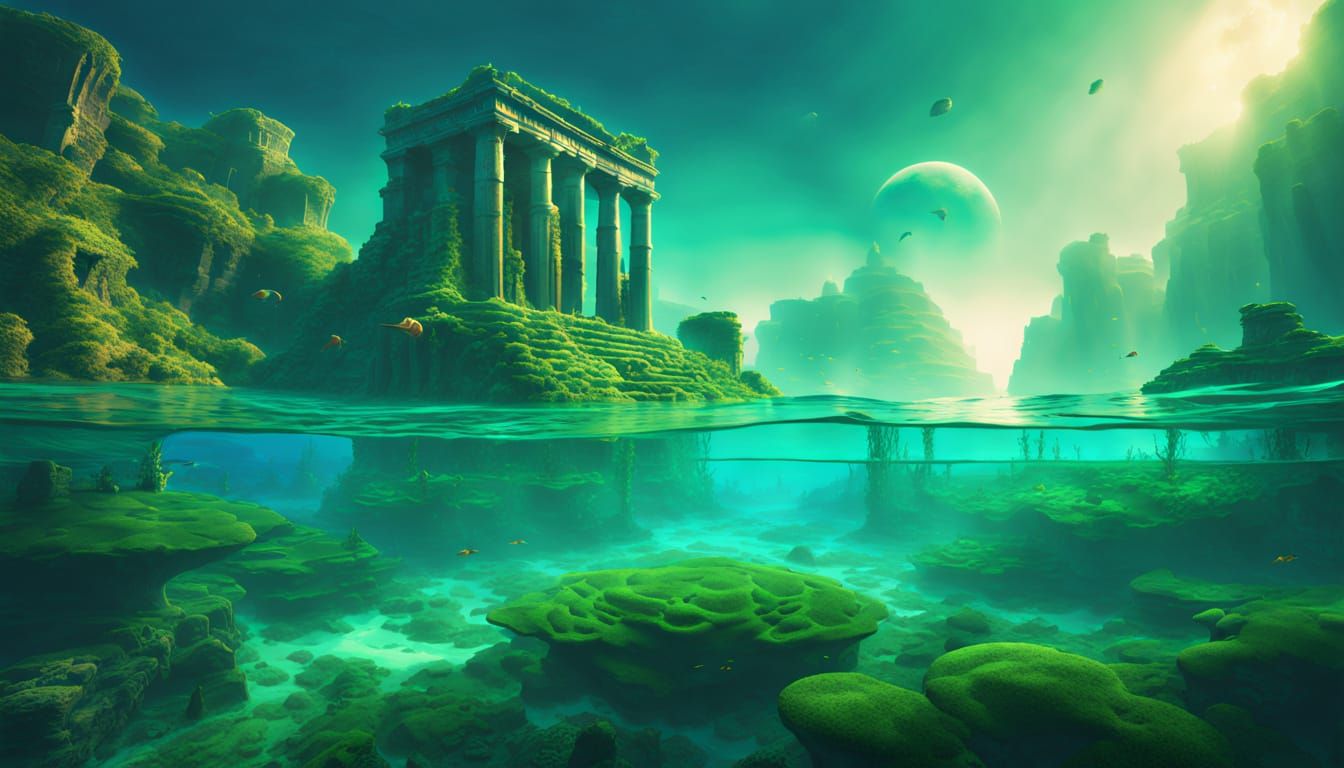 Submerged Atlantean City Overgrown with Moss and Seaweed