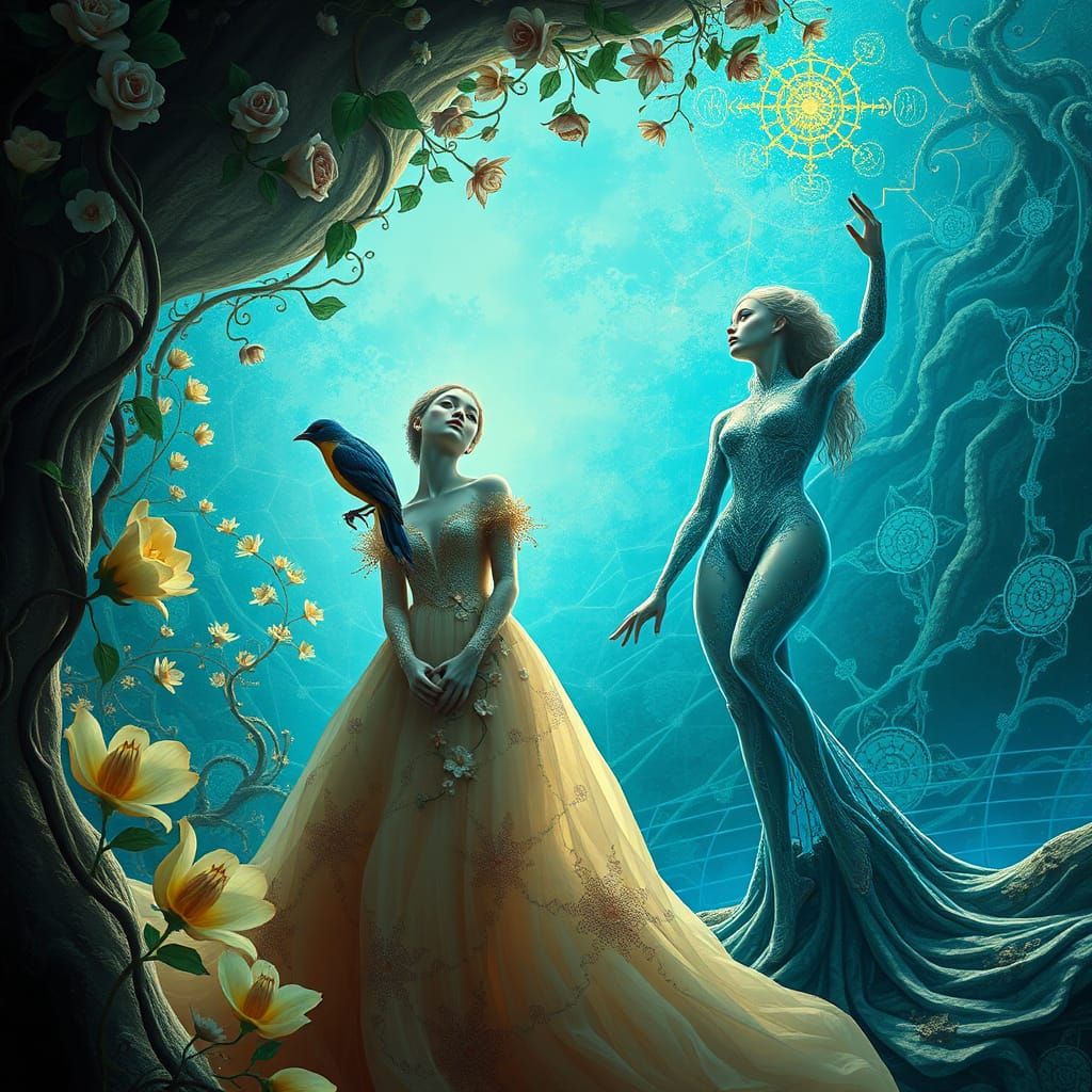 Ethereal Women Dancing in Surrealist Landscape: Digital Art