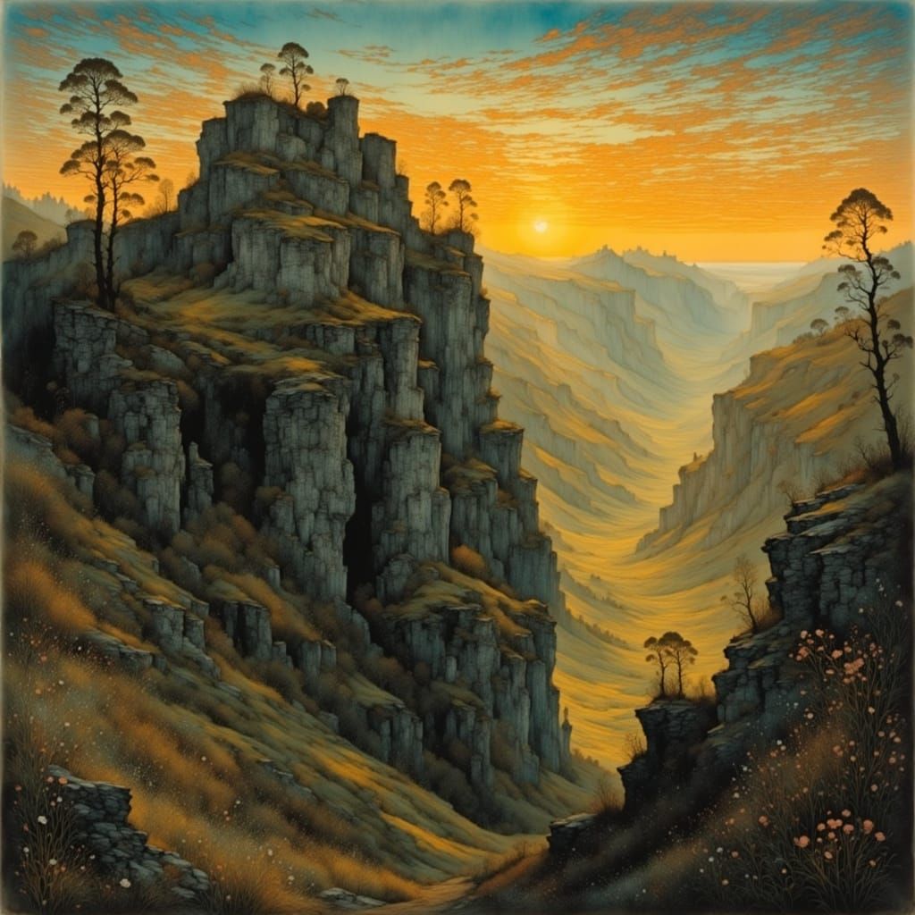 Dreamy Evening Landscape in a Mystical Gorge