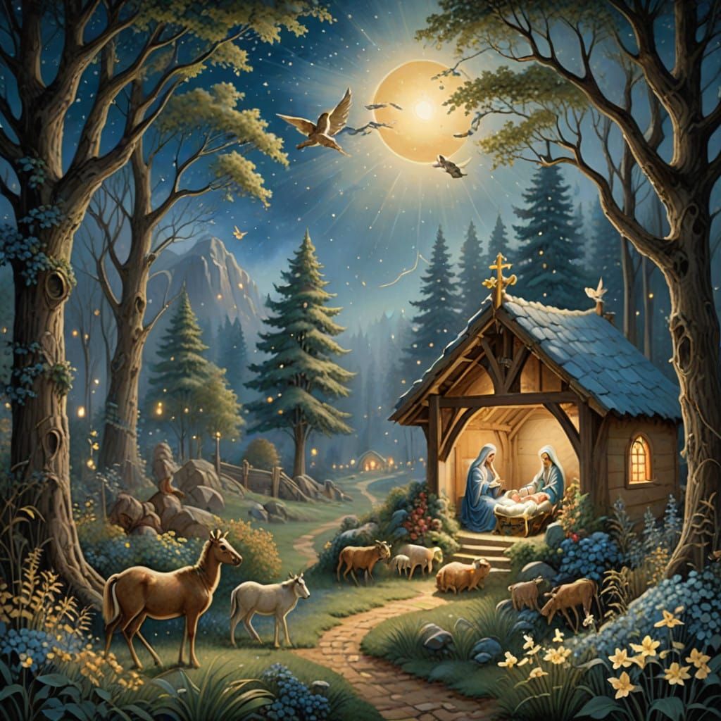 Ethereal Nativity Scene in Dreamlike Forest