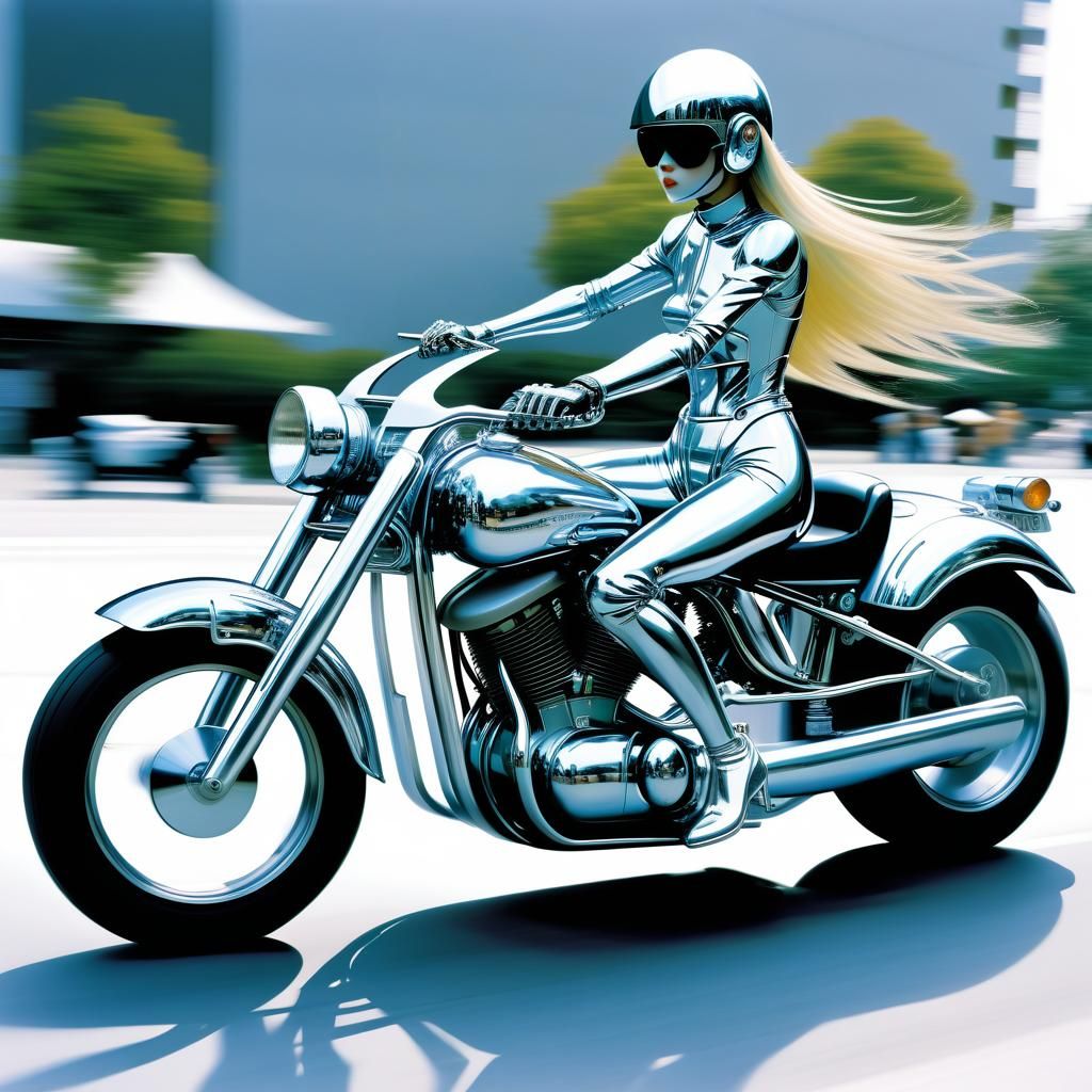 Cybernetic Woman on Motorcycle by Sorayama